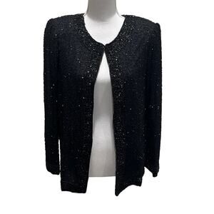 Laurence Kazar Women's sz M Beaded Blazer Jacker Black 100% Silk Vintage Evening